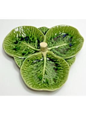 Vtg Green Cabbage Lettuce Leaf 3 Part Serving Dainty Tray Portugal Majolica